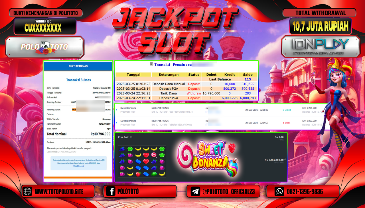 POLOTOTO JACKPOT SLOT SWEET BONANZA Rp.10.796.000,-