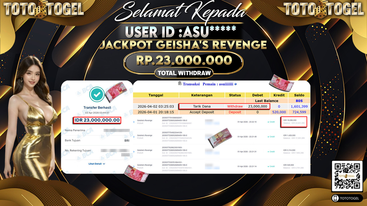 Bukti Pembayaran Jackpot Permainan Slot Geisha S Revenge ID:ASU*****LUNAS