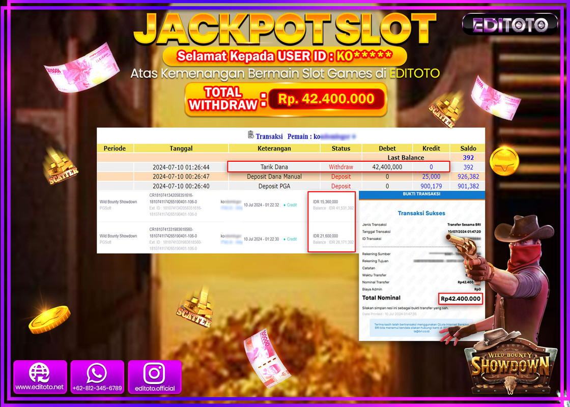JACKPOT  SLOT EDITOTO WILD BOUNTY SHOWDOWN Rp.42.400.000.,- LUNAS