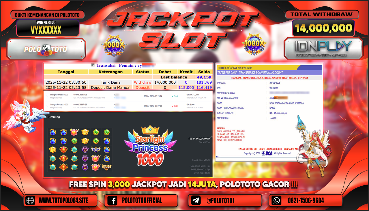 POLOTOTO JACKPOT SLOT STARLIGHT PRINCESS 1000 Rp.14.000.000,- LUNAS