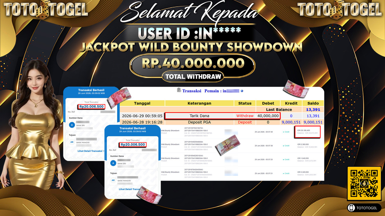Bukti Pembayaran Jackpot Permainan Slot Wild Bounty Showdown ID:IN*****LUNAS