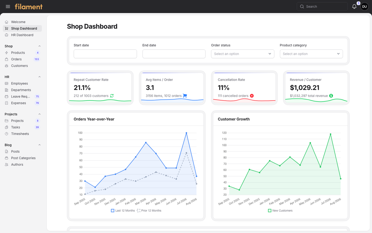 Stature Theme Shop dashboard in light mode