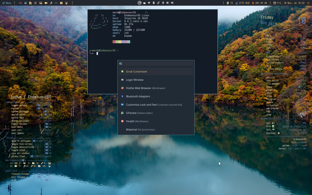 EndeavourOS-pfetch-bspwm-conky-rofi-j4-dmenu-desktop-polybar-etc