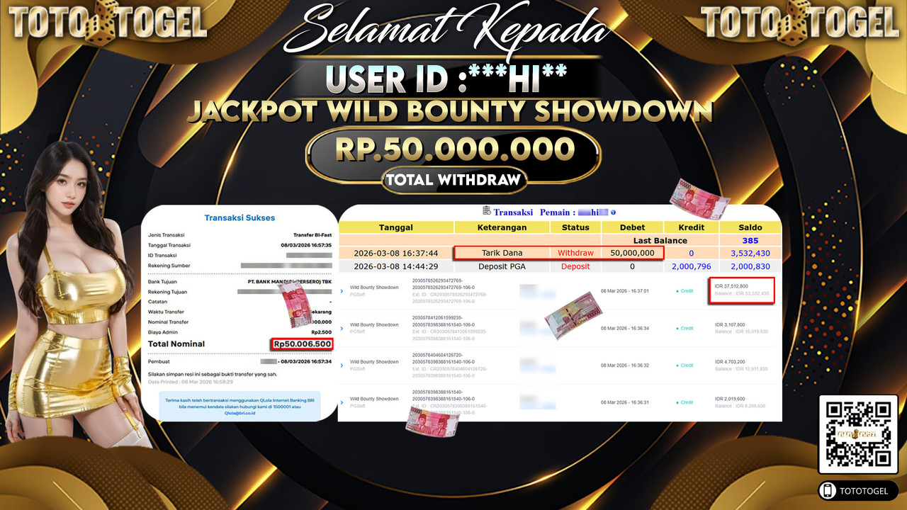 Bukti Pembayaran Jackpot Permainan Slot Wild Bounty Showdown ID:***HI**LUNAS
