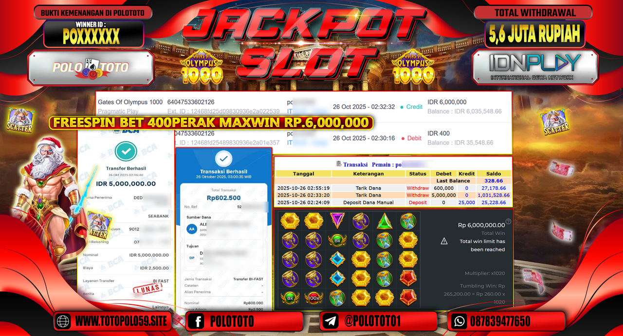 POLOTOTO JACKPOT SLOT GATES OF OLYMPUS 1000 Rp.5.600.000,- LUNAS
