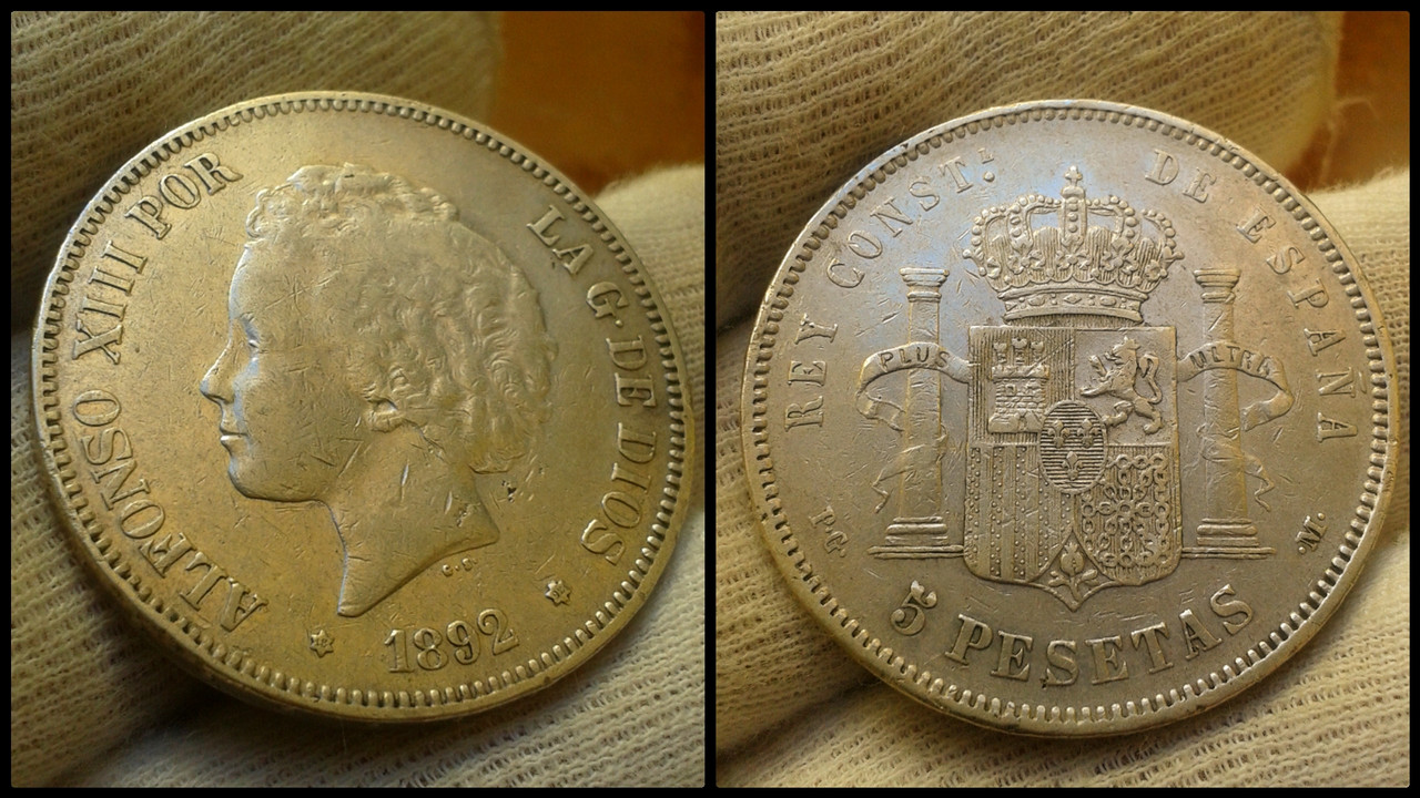 5 pesetas de 1892 (*18*92). Alfonso XIII (bucles). El día del terror. Polish-20210222-181235719