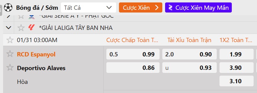 Tỷ lệ kèo Espanyol vs Alaves