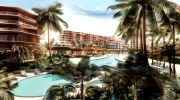 Shivo Gardens resort hero rendering featuring lagoon-style pool, luxury villas, tropical landscaping, palm trees, and beachfront access creating complete island paradise resort atmosphere in Paje Zanzibar Tanzania