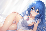 1girl, yoshino (date a live), nearly naked apron, underwear, blue hair, blue eye s-2246665152