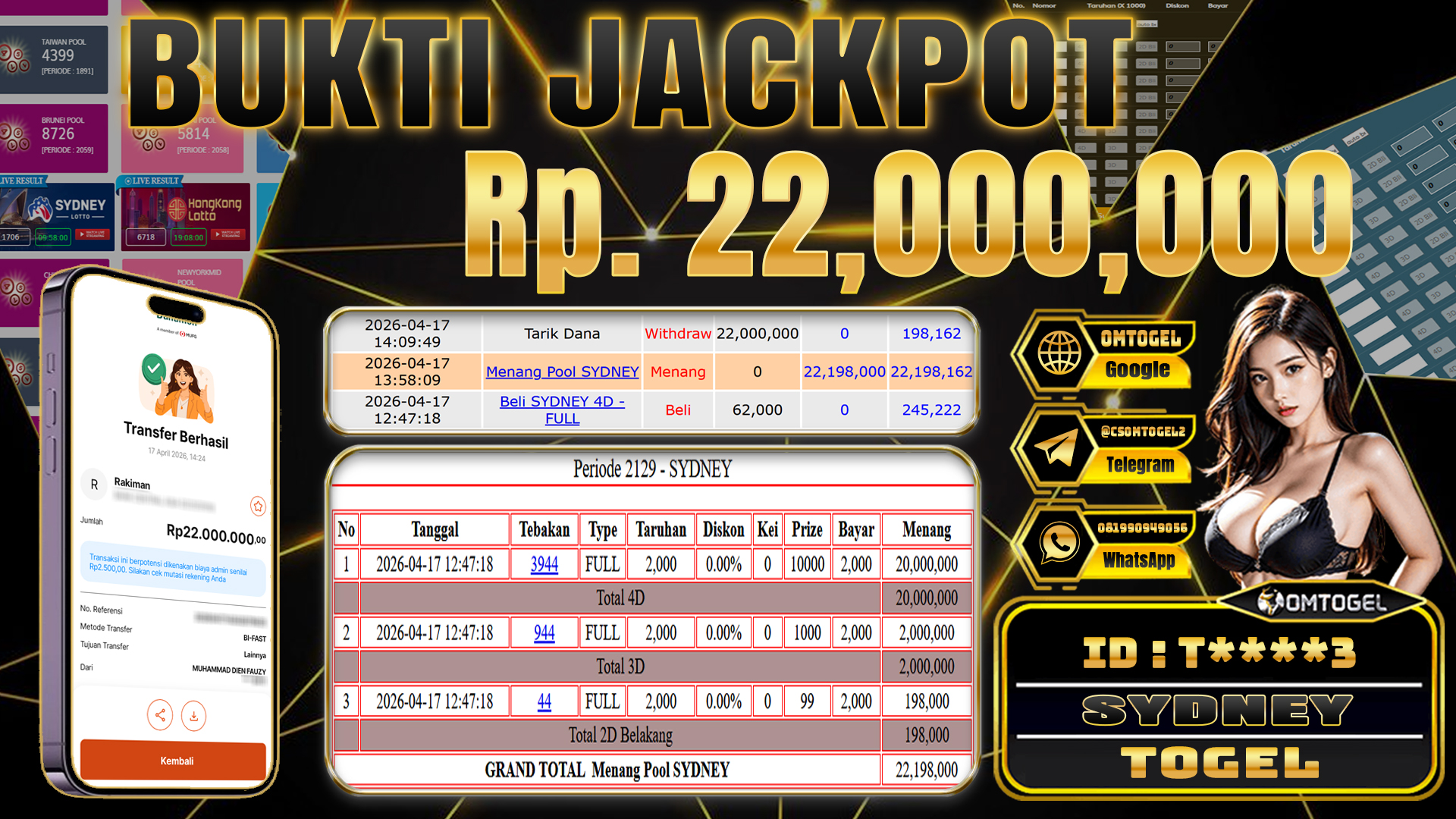 OMTOGEL JACKPOT TOGEL SYDNEY 4D 3D 2D ,22  JUTA DI BAYAR LUNAS ,-