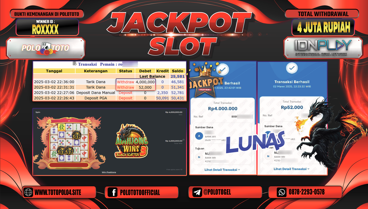 POLOTOTO JACKPOT SLOT MAHJONG WINS BLACK SCATTER 3 Rp.4.052.000,-