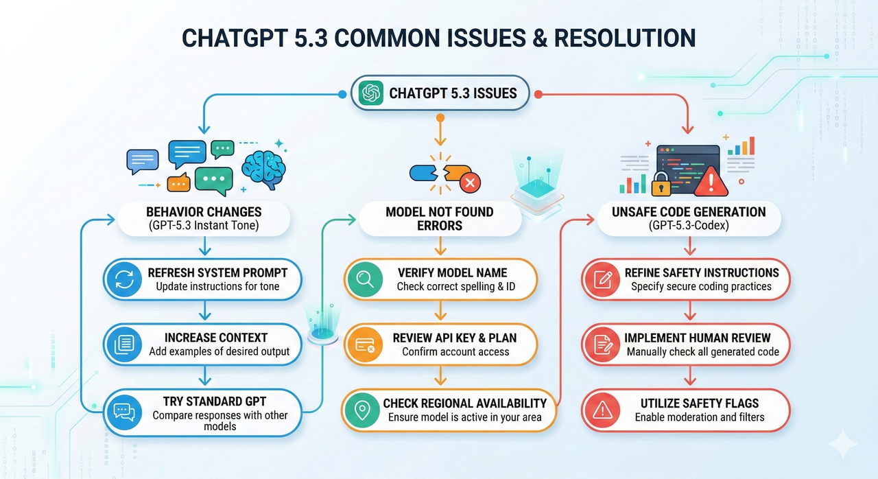 Infographic flowchart showing three ChatGPT 5.3 issue branches: behavior changes, model not found errors, and unsafe GPT‑5.3‑Codex code, each with fix steps