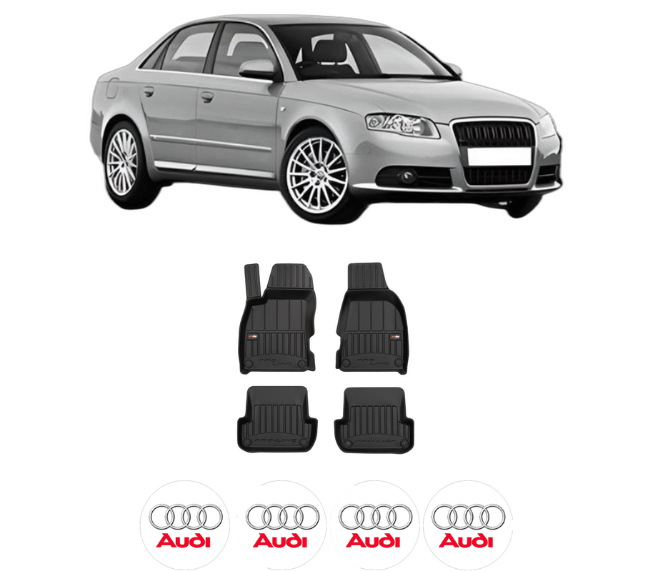 Set covorase presuri AUDI A4 B7 (8EC) din 2004-2008, auto, din cauciuc thermoplastic, 4 Stickere auto cu AUDI