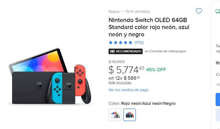 Mercado Libre: Nintendo Switch Oled rojo y azul 
