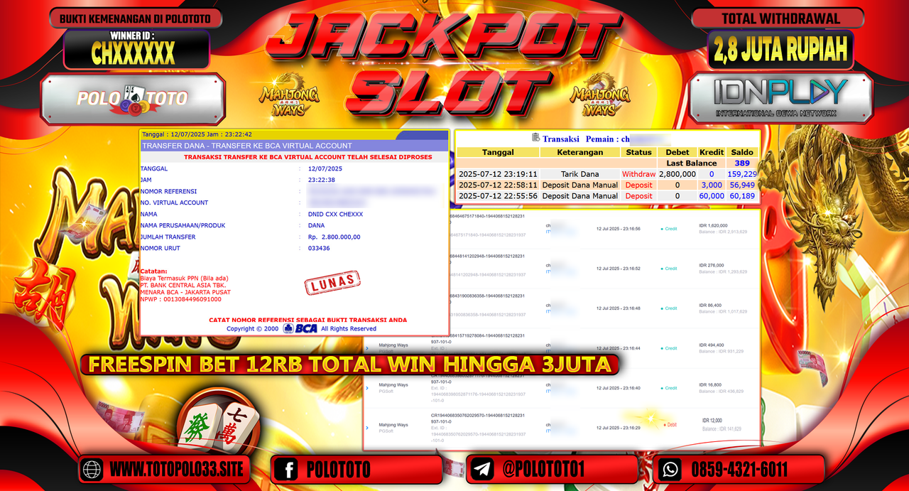 POLOTOTO JACKPOT SLOT MAHJONG WAYS Rp.2.800.000,-
