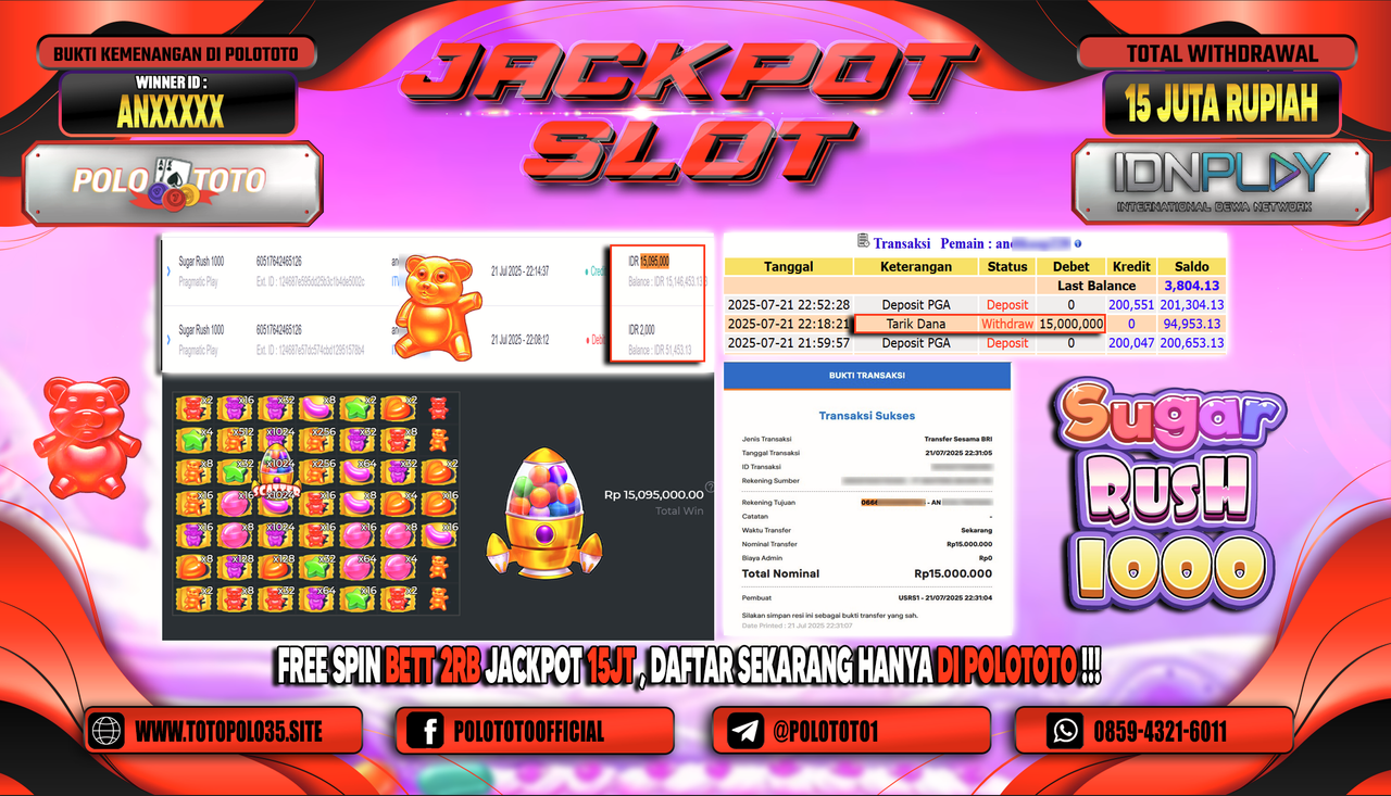 POLOTOTO JACKPOT SLOT SUGAR RUSH 1000 Rp.15.000.000,- LUNAS