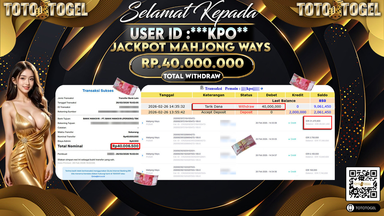 Bukti Pembayaran Jackpot Permainan Slot Mahjong Ways ID:***KPO**LUNAS