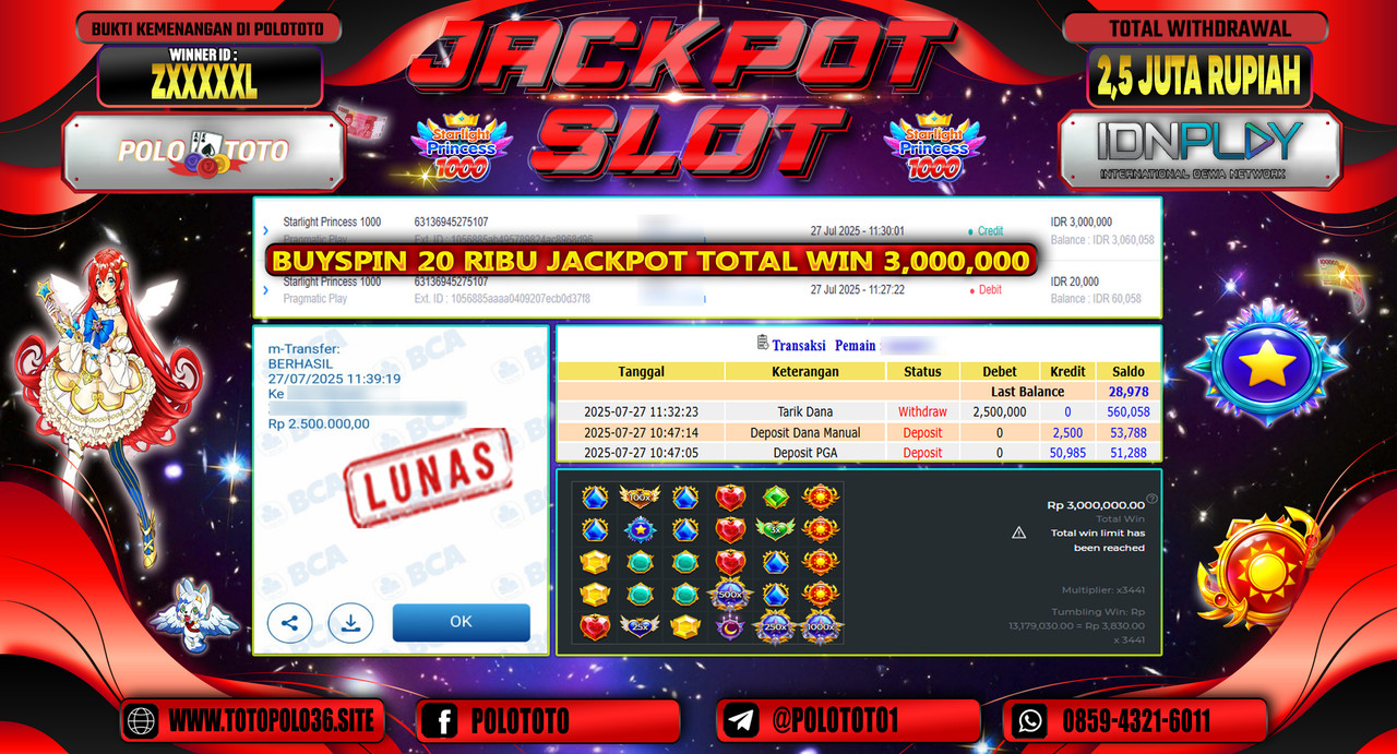 POLOTOTO JACKPOT SLOT STARLIGHT PRINCESS 1000 Rp.2.500.000,-LUNAS