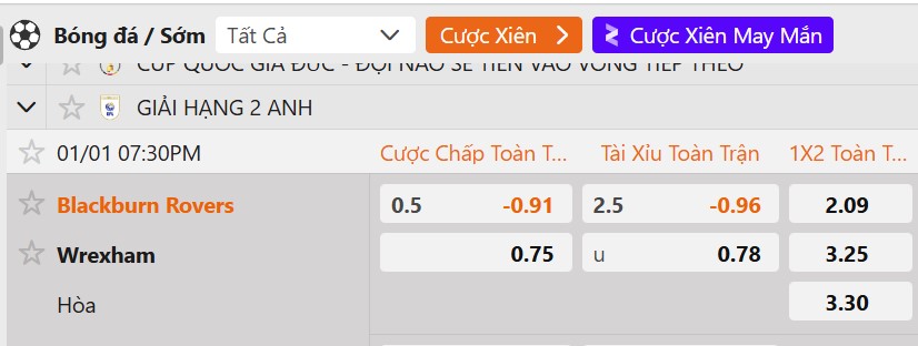 Tỷ lệ kèo&nbsp;Blackburn vs Wrexham