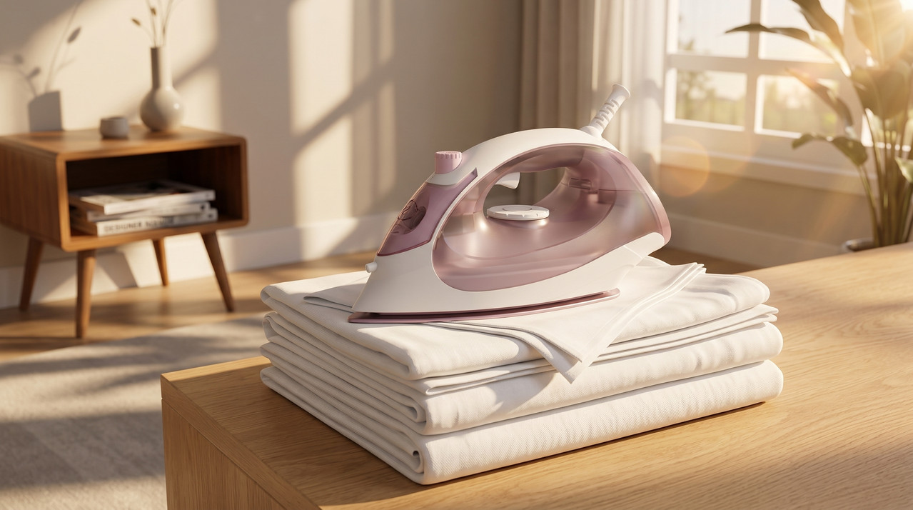 Plancha de vapor Oster Serie 5000 Rosada en un entorno de hogar moderno