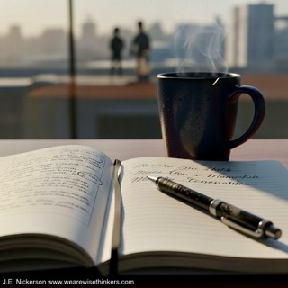 Writer’s journal open beside coffee mug with a blurred cityscape beyond the window, symbolizing the inner world of a character in development.