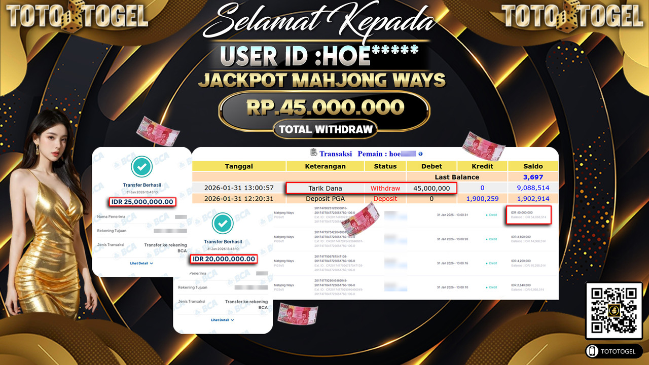 Bukti Pembayaran Jackpot Permainan Slot Mahjong Ways ID:HOE*****LUNAS