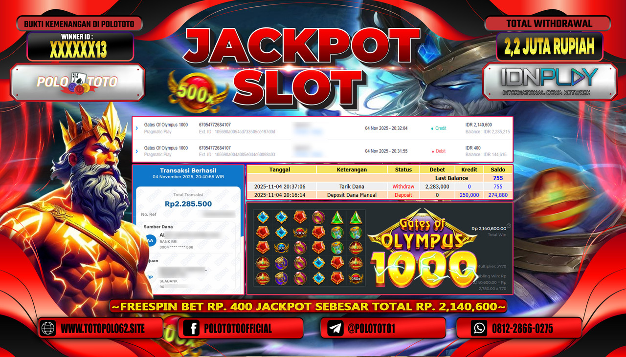 POLOTOTO JACKPOT SLOT GATES OF OLYMPUS 1000 Rp.2.200.000,- LUNAS