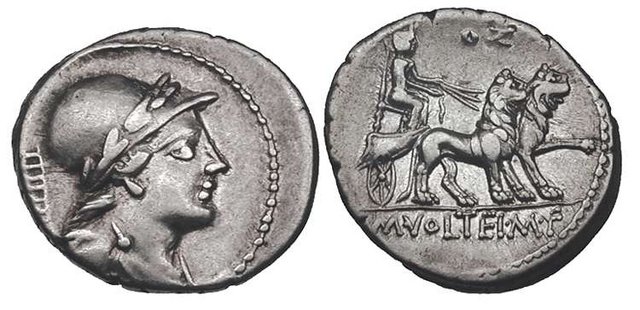 Denario Gens Volteia (M.VOLTEI.M.F.) / Cibeles en biga de leones a drcha. Roma. Volteia4