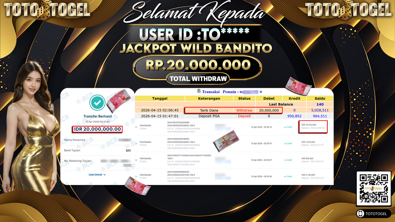 Bukti Pembayaran Jackpot Permainan Slot Wild Bandito ID:TO*****LUNAS
