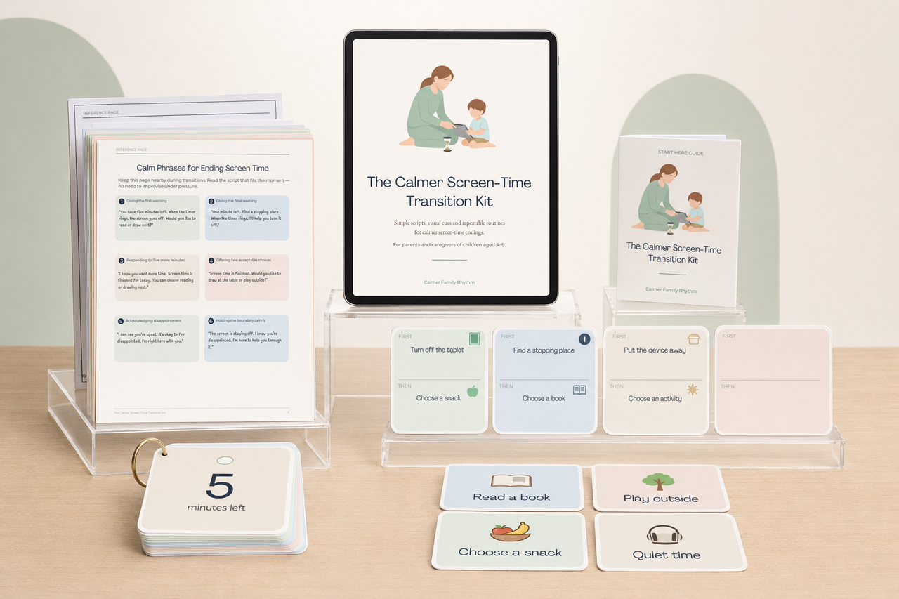 Complete Calmer Screen-Time Transition Kit bundle mockup showing all included files