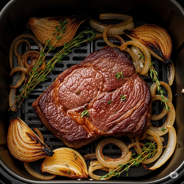 Saftige Nackensteaks mit Zwiebeln aus dem Airfryer