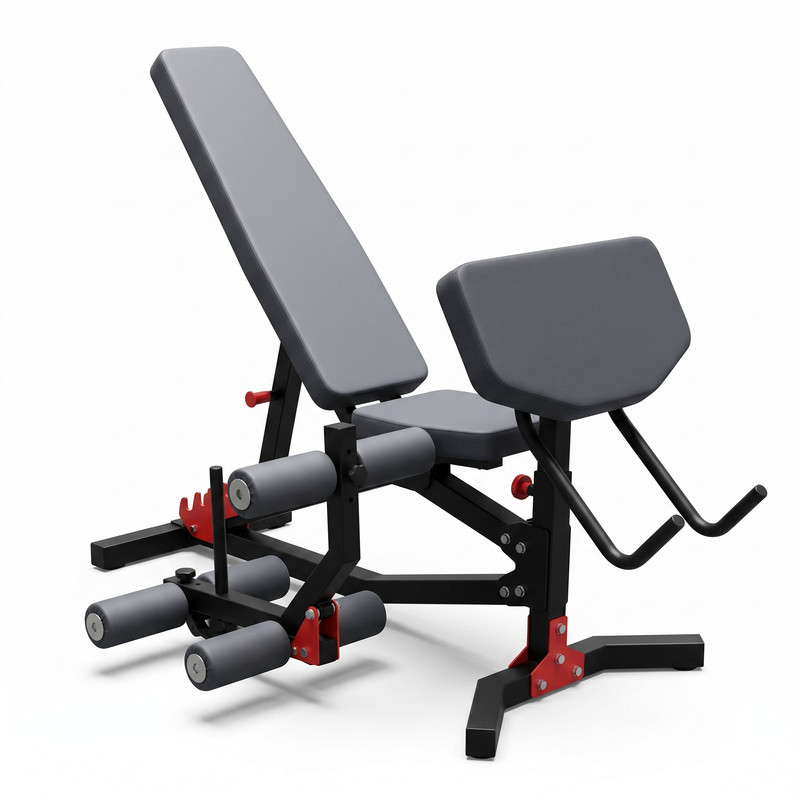 Banc de musculation réglable avec presse jambe et coussin de biceps de trois quarts