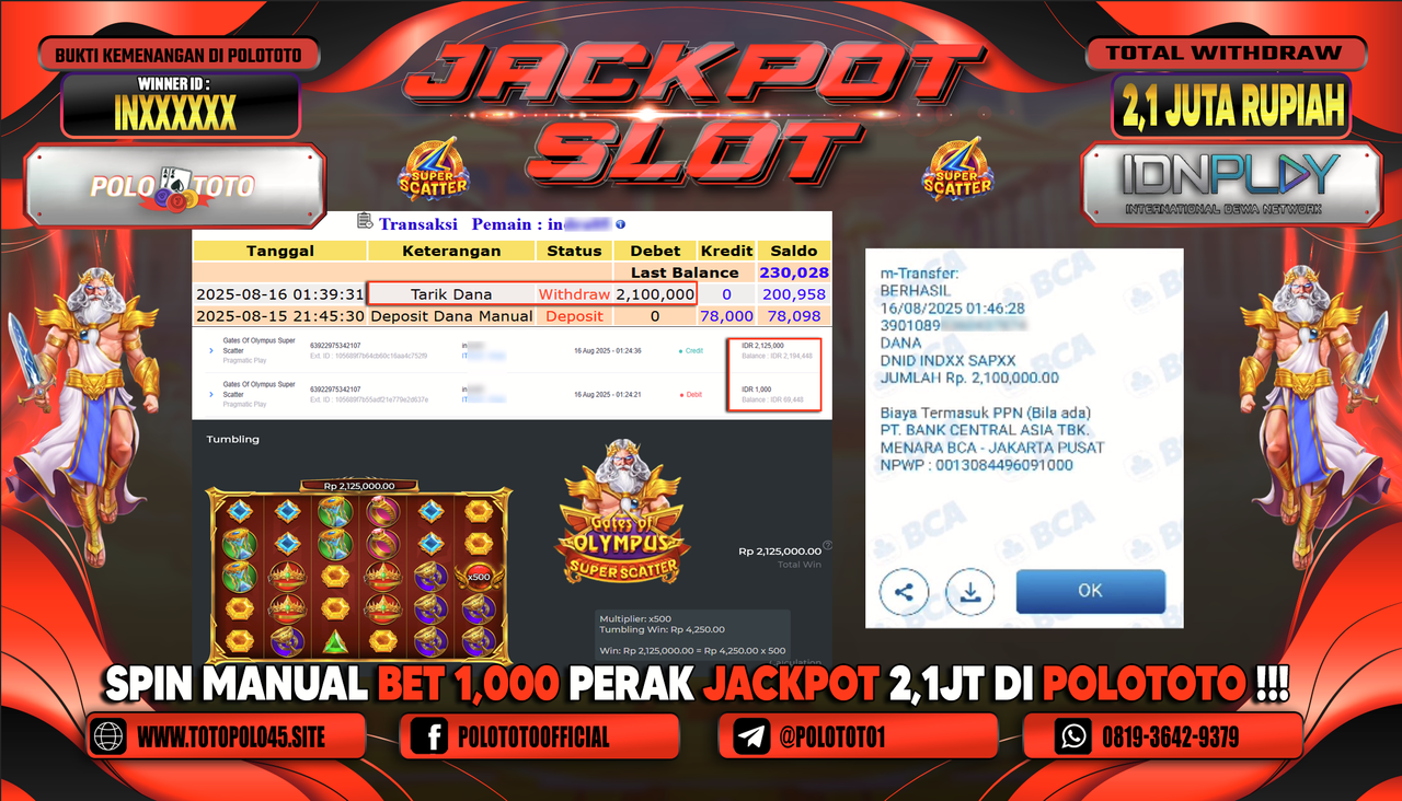 POLOTOTO JACKPOT SLOT GATES OF OLYMPUS SUPER SCATTER Rp.2.100.000,-