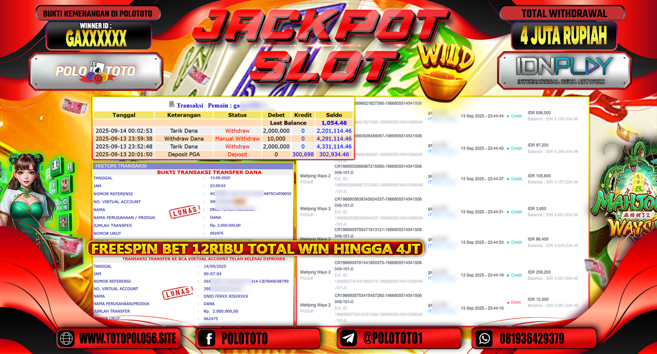 POLOTOTO JACKPOT SLOT MAHJONG WAYS 2 Rp.4.000.000,-