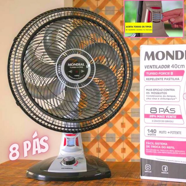 Ventilador de Mesa Mondial Turbo Force Repelente Pastilha VT-RP-03-8P-NP 40cm 8 Pás 3 Velocidades Preto