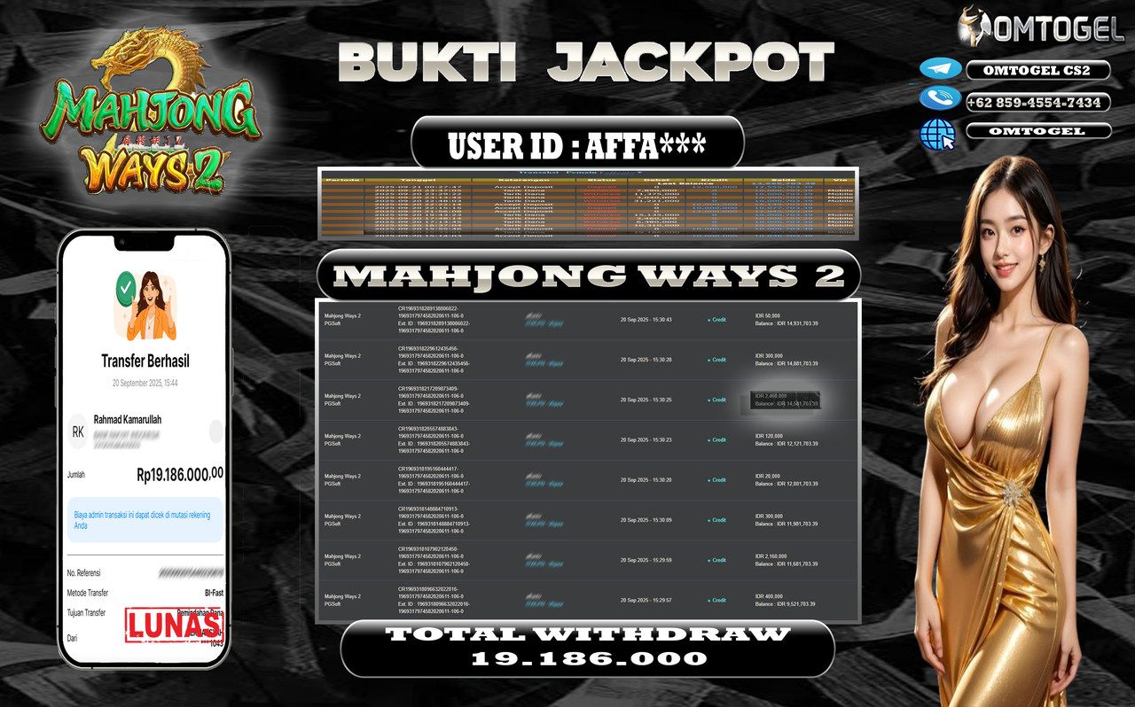 OMTOGEL JACKPOT PGSOFT MAHJONG WAYS 2 19 JUTA DI BAYAR LUNAS ,-