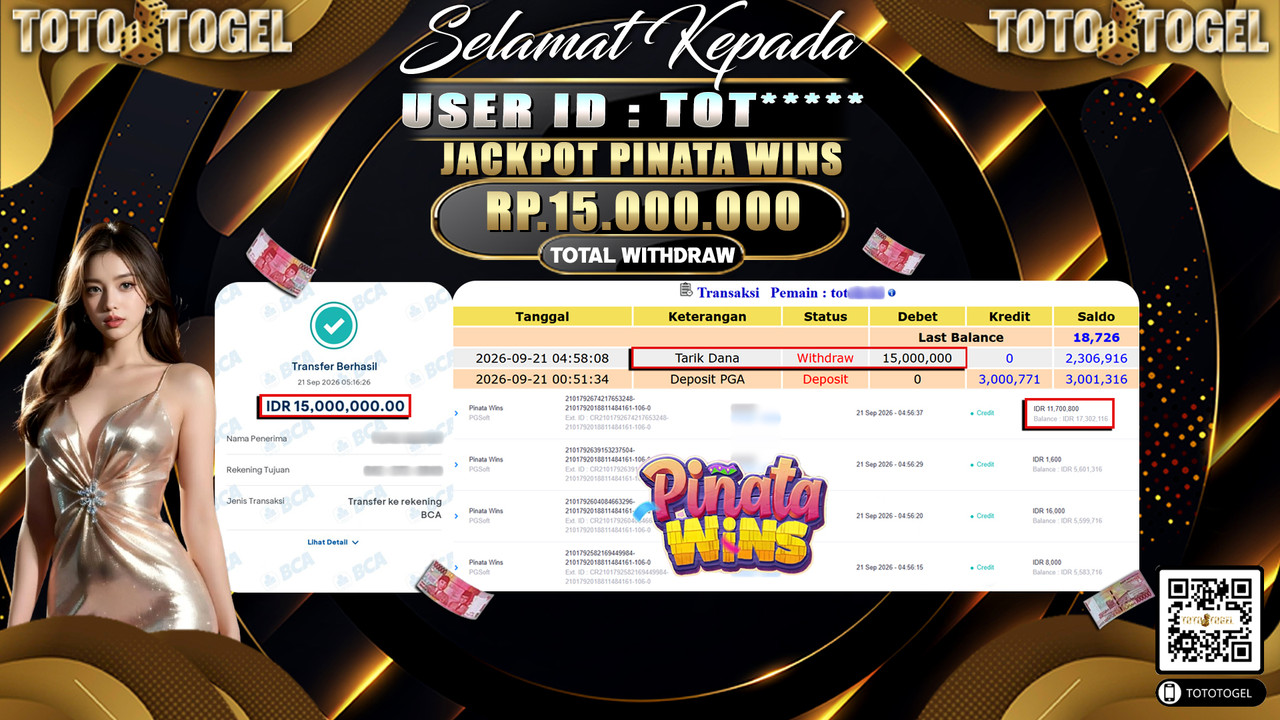 Bukti Pembayaran Jackpot Slot Pinata Wins ID:TOT*****LUNAS
