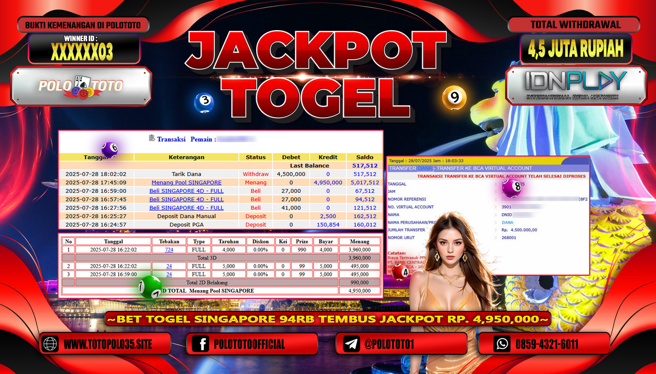 POLOTOTO JACKPOT TOGEL POOL SINGAPORE Rp.4.500.000,- LUNAS
