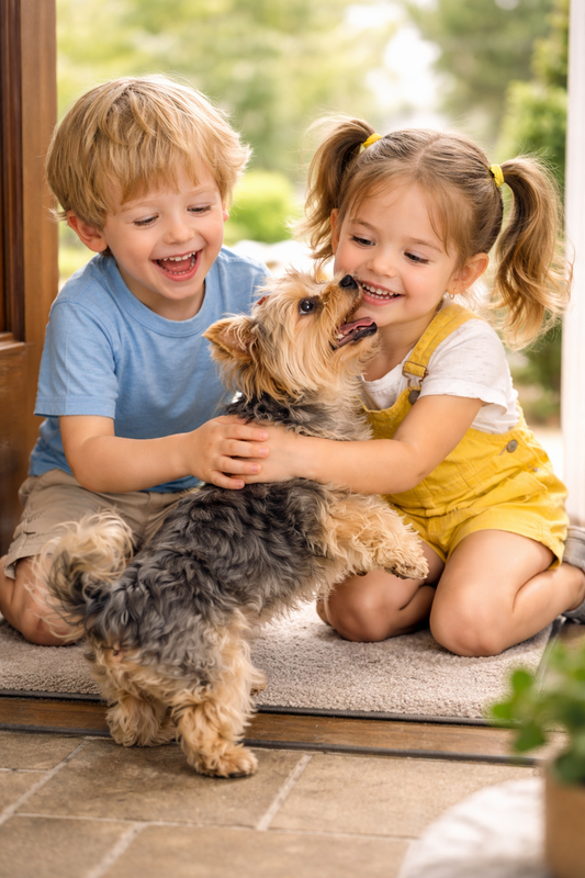 Yorkshire Terrier greeting kids at the door