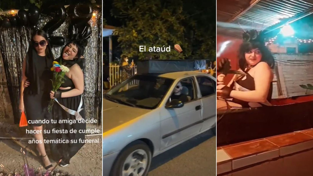 Mujer celebra su cumpleaños con temática de funeral