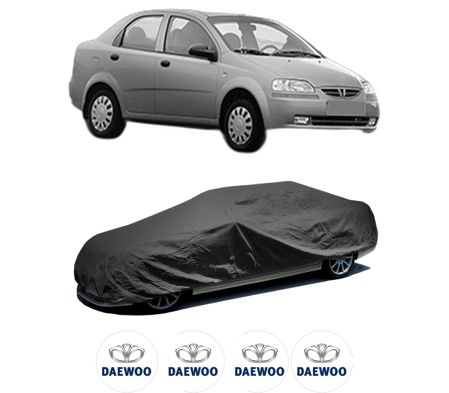 Husa tip prelata auto pentru DAEWOO KALOS Saloon (KLAS) din 2002-2004, Culoare Negru, material textil impermeabil, rezistanta la intemperii praf UV, CARPASSION Husa Protectie, 4 Stickere auto cu DAEWOO