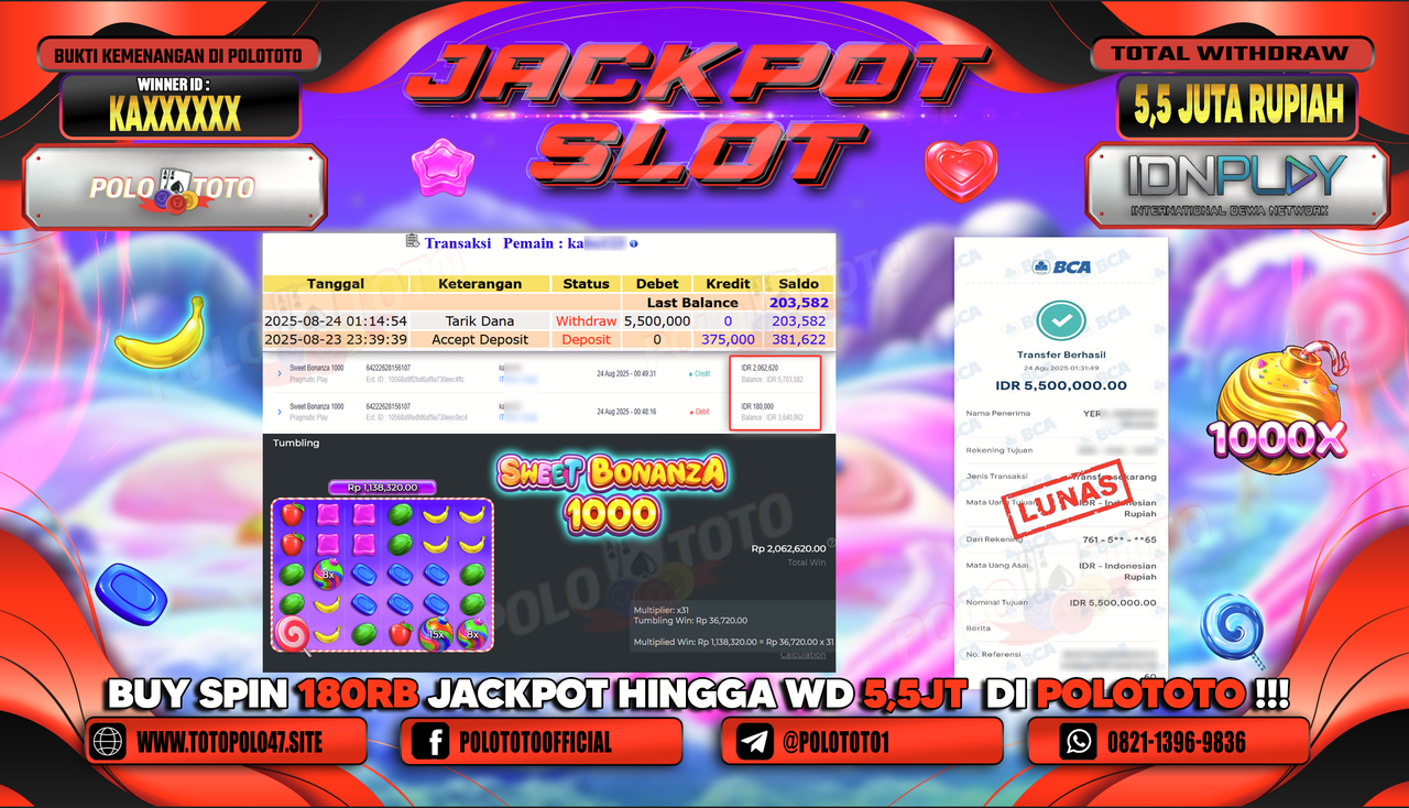 POLOTOTO JACKPOT SLOT SWEET BONANZA 1000 Rp.5.500.000,-