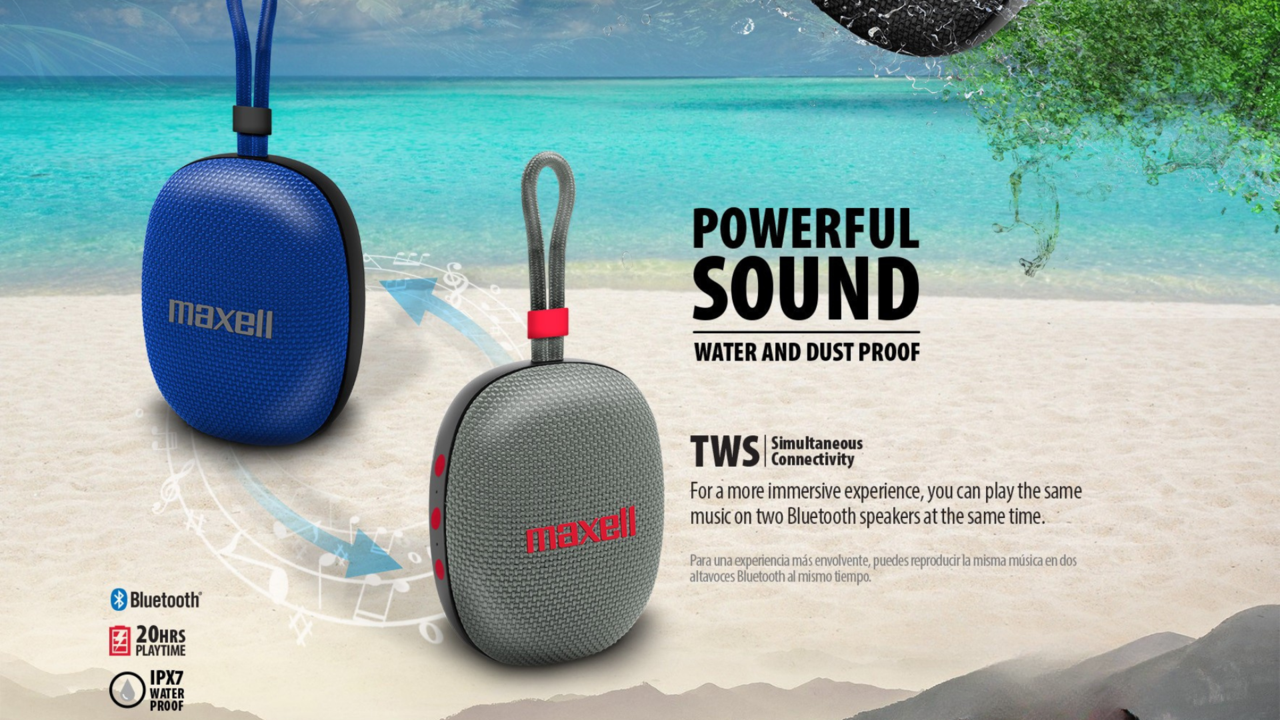 Dos bocinas Maxell Trek mostrando la función TWS (True Wireless Stereo).