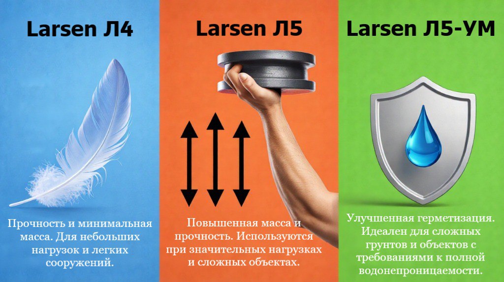 Техническое сравнение шпунта Ларсена Л5-УМ, Л5 и Л4: вес, прочность, момент инерции, сопротивления, масса на метр