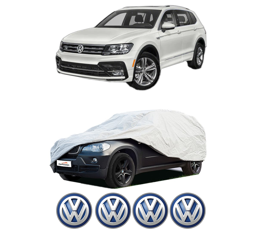 Husa tip prelata auto pentru Volskwagen TIGUAN (AD1, AX1) din 2016-2024, Culoare Gri, material textil impermeabil, rezistanta la intemperii praf UV, CARPASSION Husa Protectie, 4 Stickere auto cu Volskwagen