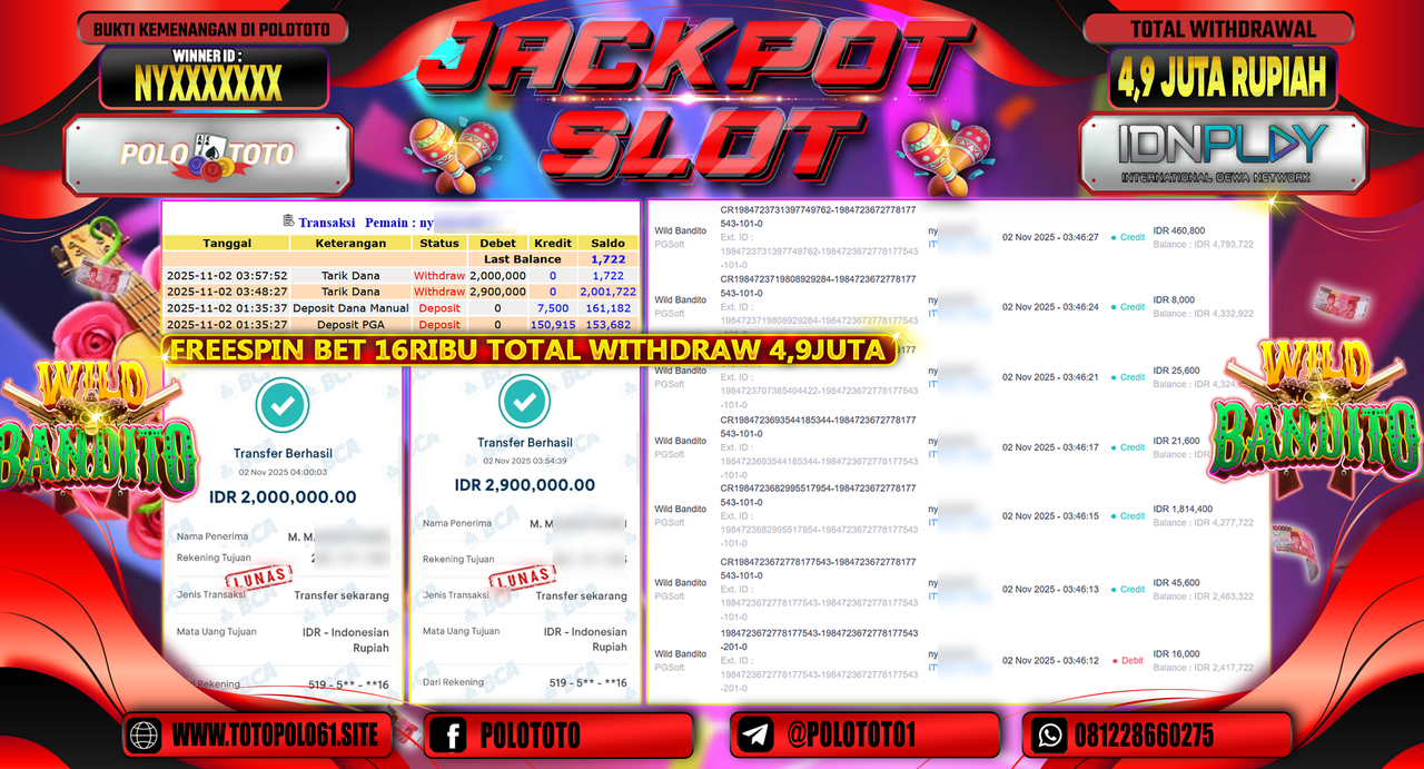 POLOTOTO JACKPOT SLOT WILD BANDITO Rp.4.900.000,- LUNAS