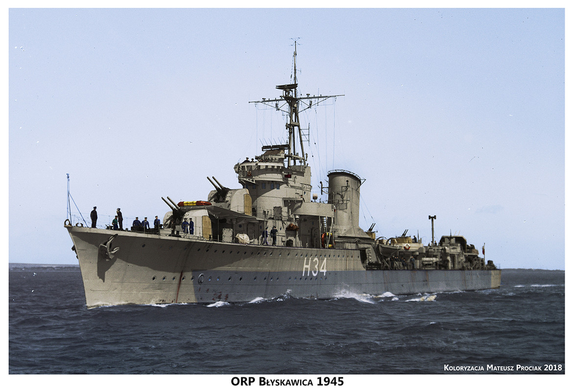 Destroyer ORP Błyskawica at sea. 11th July, 1945 fb