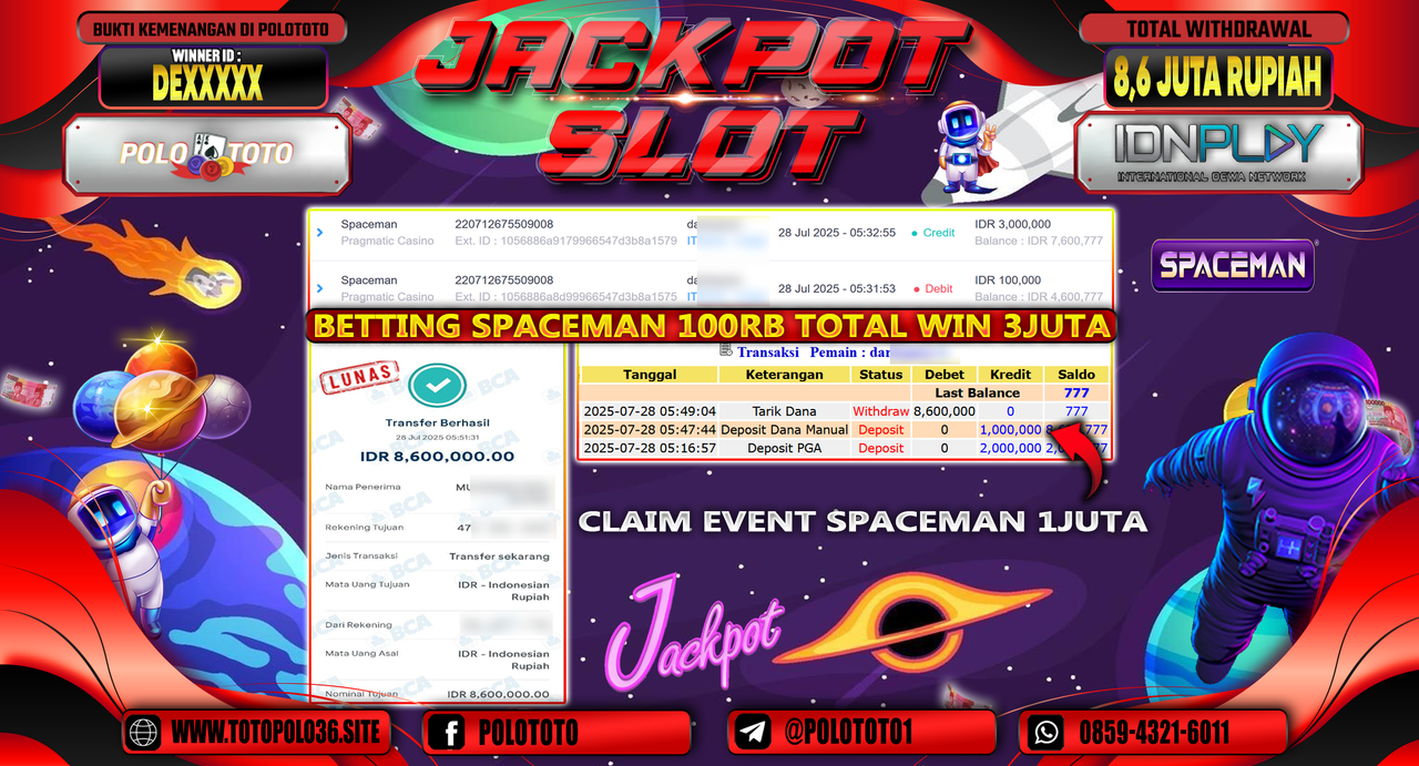POLOTOTO JACKPOT SLOT SPACEMAN Rp.5.900.000,-LUNAS