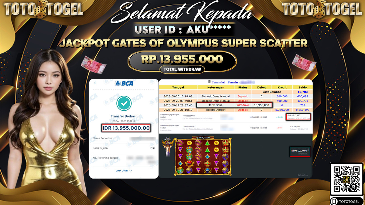 Bukti Pembayaran Jackpot Permainan Slot Gates Of Olympus Super Scatter  ID:AKU*** LUNAS