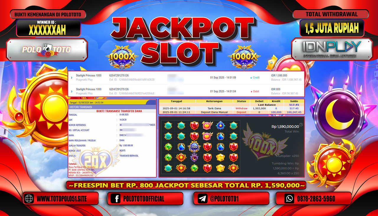 POLOTOTO JACKPOT SLOT STARLIGHT PRINCESS 1000 Rp.1.500.000,- LUNAS